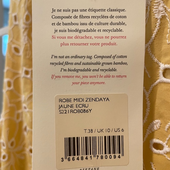 NWT, Sezane yellow eyelet dress, size 38 - Picture 8 of 8
